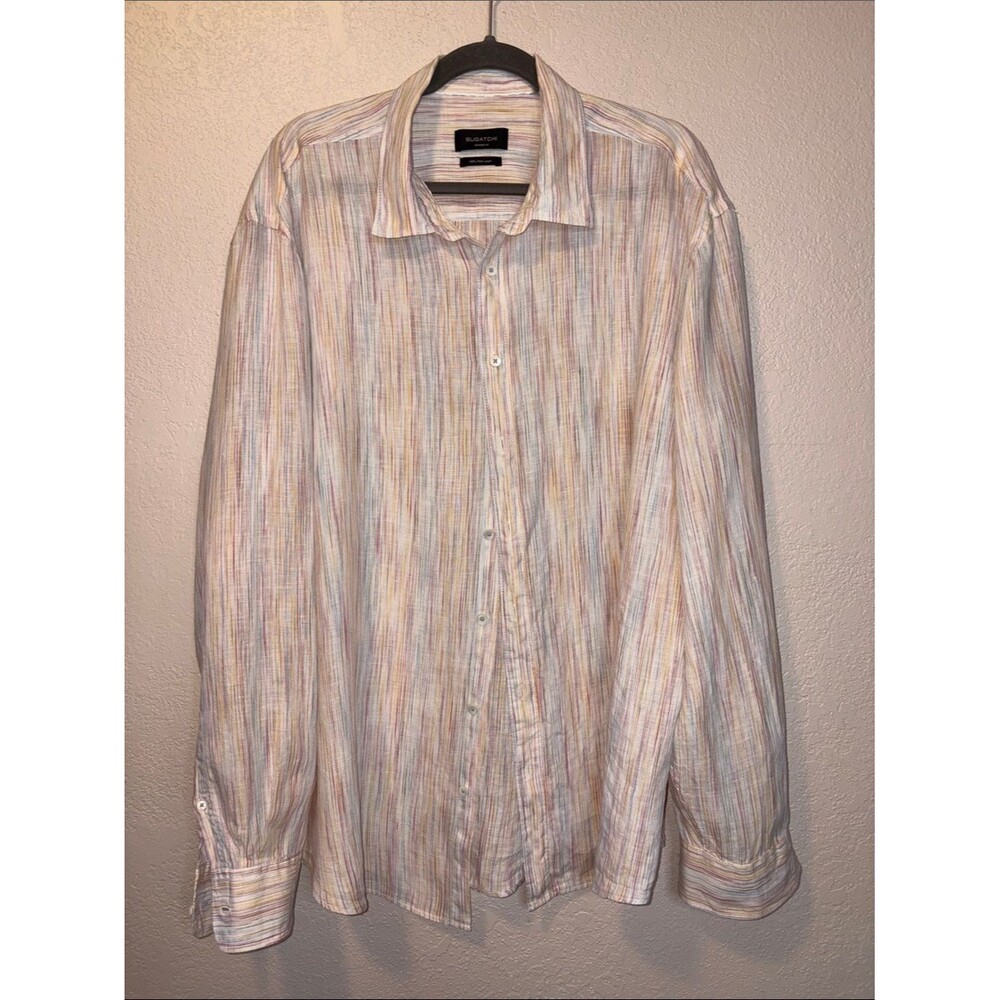 Bugatchi Julian Chalk Stripe Linen Button Down Shirt 3XL